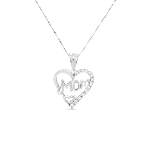 Load image into Gallery viewer, .925 Sterling Silver 1/4 Cttw Round Diamond &quot;Mom&quot; Openwork Heart Pendant 18&quot; Necklace (I-J Color, I2-I3 Clarity)
