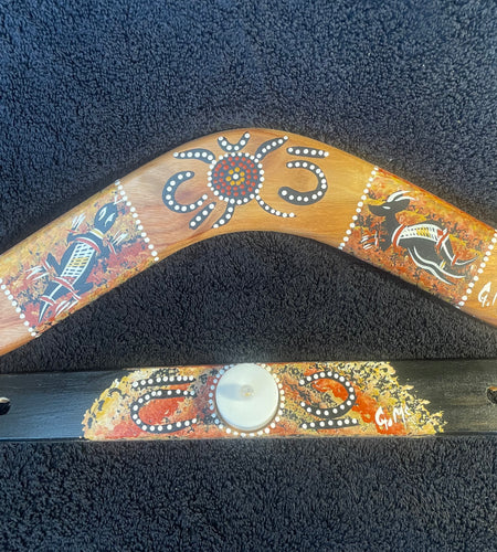 Boomerang-Goanna and Kangaroo-with candle holder stand by Artist Gerald McGregor