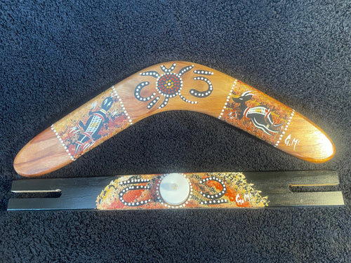 Load image into Gallery viewer, Boomerang-Goanna and Kangaroo-with candle holder stand by Artist Gerald McGregor
