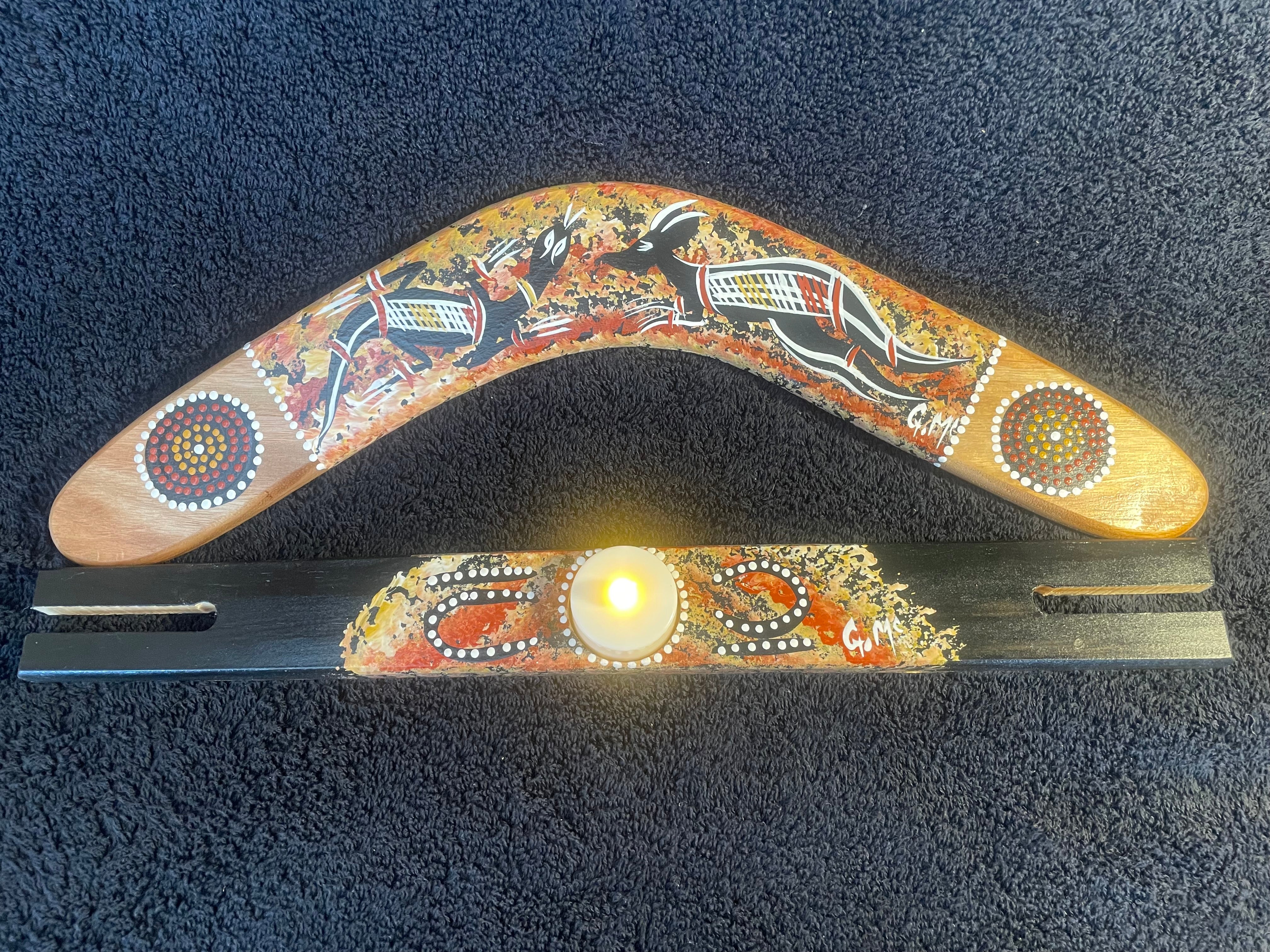 Boomerang-Goanna and Kangaroo-with candle holder stand by Artist Gerald McGregor