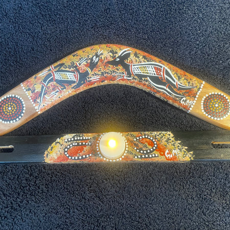 Boomerang-Goanna and Kangaroo-with candle holder stand by Artist Gerald McGregor