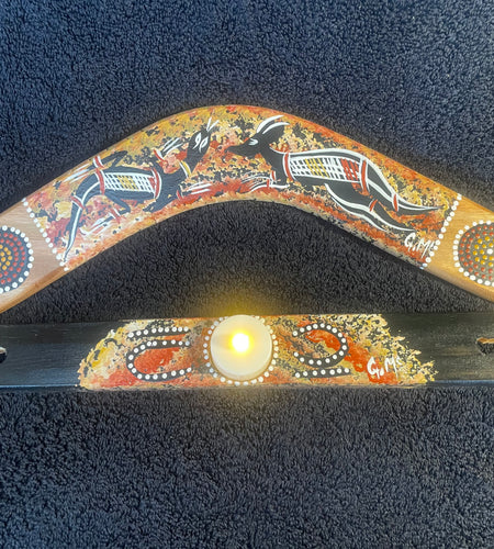 Boomerang-Goanna and Kangaroo-with candle holder stand by Artist Gerald McGregor