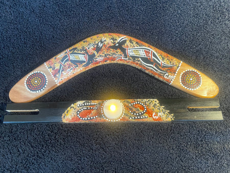 Boomerang-Goanna and Kangaroo-with candle holder stand by Artist Gerald McGregor