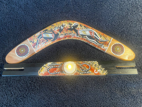 Load image into Gallery viewer, Boomerang-Goanna and Kangaroo-with candle holder stand by Artist Gerald McGregor
