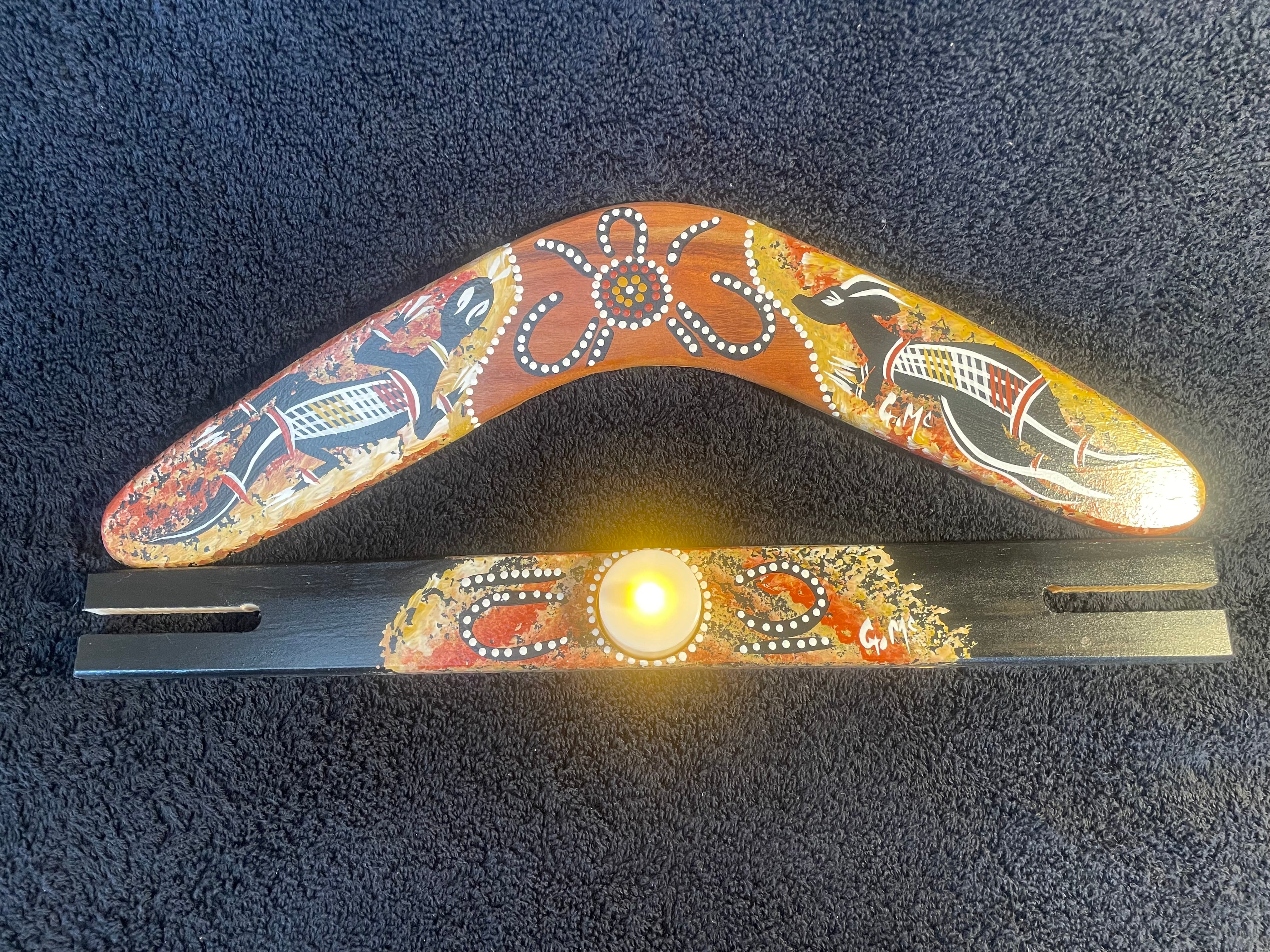 Boomerang Goanna-Kangaroo-candle holder stand by Artist Gerald McGregor