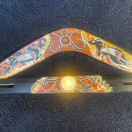 Boomerang Goanna-Kangaroo-candle holder stand by Artist Gerald McGregor