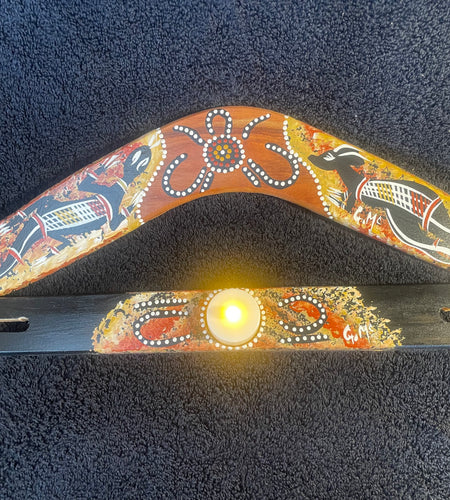 Boomerang Goanna-Kangaroo-candle holder stand by Artist Gerald McGregor