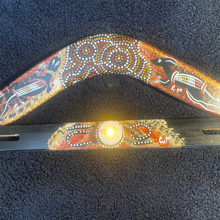 Boomerang Goanna-Kangaroo-candle holder stand by Artist Gerald McGregor