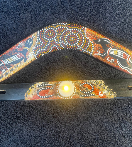 Boomerang Goanna-Kangaroo-candle holder stand by Artist Gerald McGregor