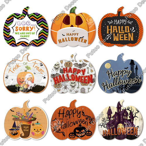 Load image into Gallery viewer, Halloween Wood Sign Pumpkin Shape Wooden Plaque, Trick or Treat, Hanging Sign, Ghost Castle, Witch, Home Wall Decor
