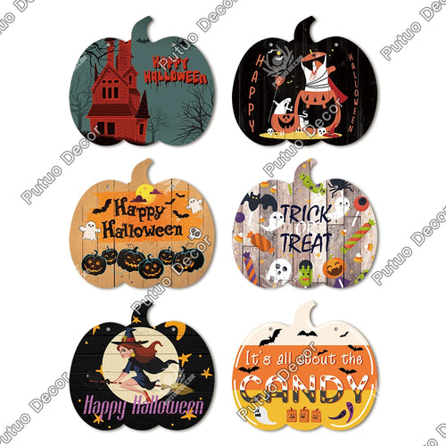 Load image into Gallery viewer, Halloween Wood Sign Pumpkin Shape Wooden Plaque, Trick or Treat, Hanging Sign, Ghost Castle, Witch, Home Wall Decor
