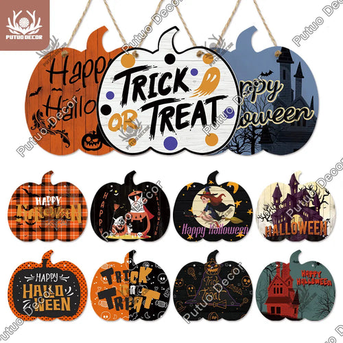 Load image into Gallery viewer, Halloween Wood Sign Pumpkin Shape Wooden Plaque, Trick or Treat, Hanging Sign, Ghost Castle, Witch, Home Wall Decor
