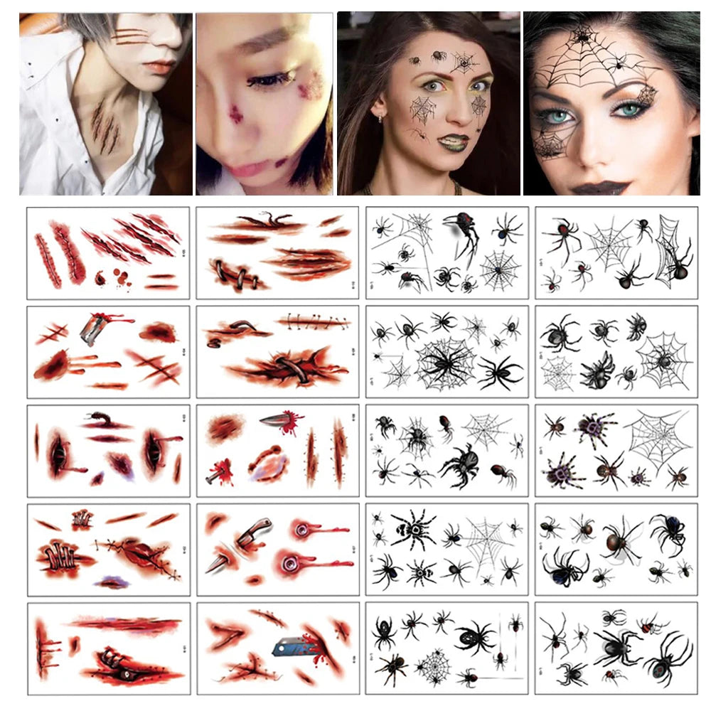 10Sheets/Pack New Halloween Holiday Face Makeup and Terror Spider and Scar Mask Design Fake Temporary Waterproof Tattoo Sticker