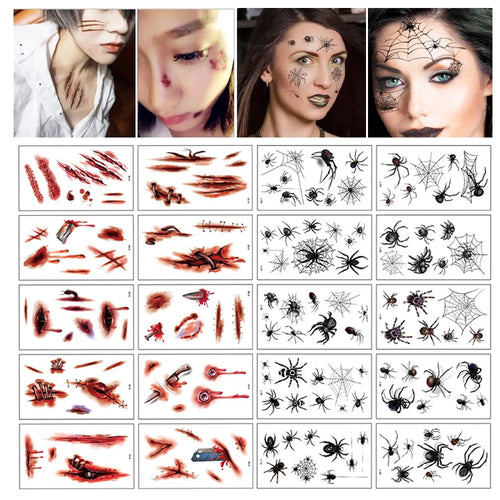 Load image into Gallery viewer, 10Sheets/Pack New Halloween Holiday Face Makeup and Terror Spider and Scar Mask Design Fake Temporary Waterproof Tattoo Sticker
