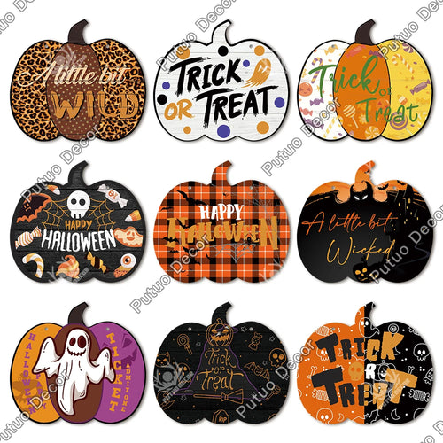 Load image into Gallery viewer, Halloween Wood Sign Pumpkin Shape Wooden Plaque, Trick or Treat, Hanging Sign, Ghost Castle, Witch, Home Wall Decor
