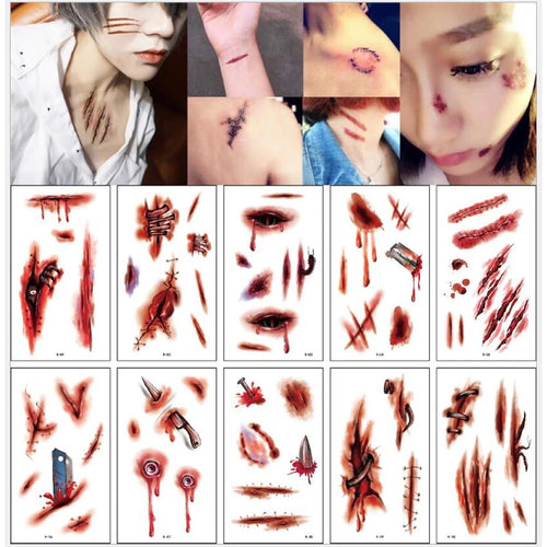 Load image into Gallery viewer, 10Sheets/Pack New Halloween Holiday Face Makeup and Terror Spider and Scar Mask Design Fake Temporary Waterproof Tattoo Sticker
