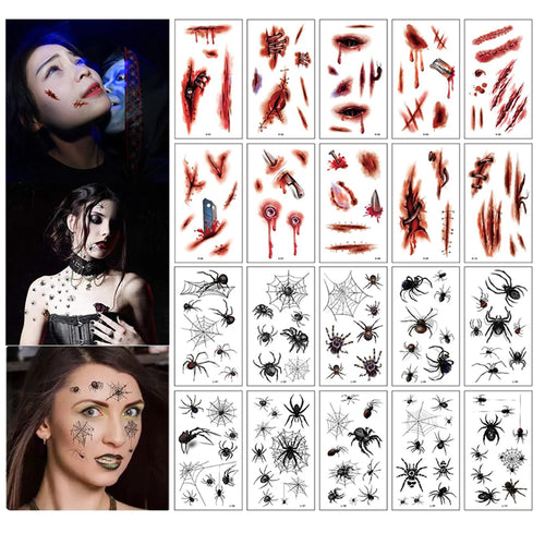 Load image into Gallery viewer, 10Sheets/Pack New Halloween Holiday Face Makeup and Terror Spider and Scar Mask Design Fake Temporary Waterproof Tattoo Sticker
