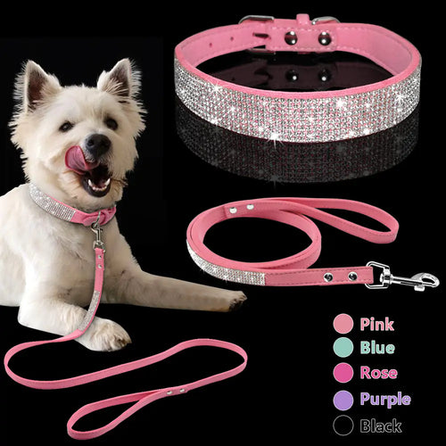 Load image into Gallery viewer, Pet Collar and leash, suede leather, Bling, colourful
