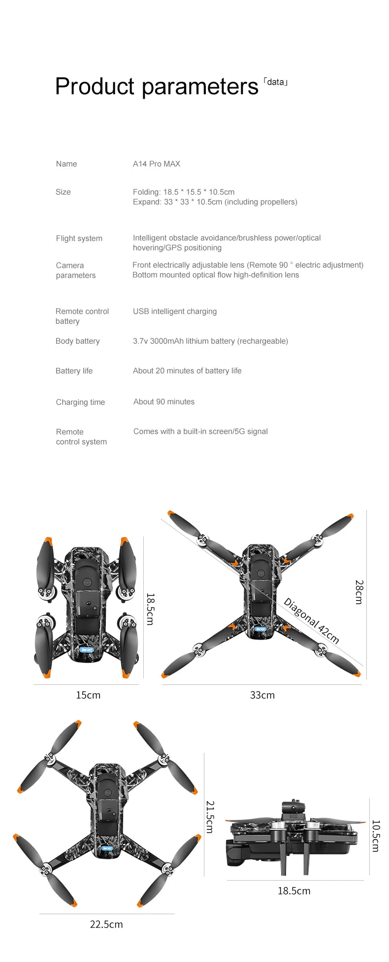 New upgraded A14 Pro Max GPS Brushless 8K three Camera Optical Flow Obstacle Avoidance Foldable Quadcopter RC Distance Drone Toy