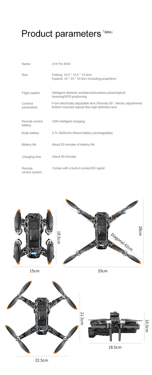 Load image into Gallery viewer, New upgraded A14 Pro Max GPS Brushless 8K three Camera Optical Flow Obstacle Avoidance Foldable Quadcopter RC Distance Drone Toy
