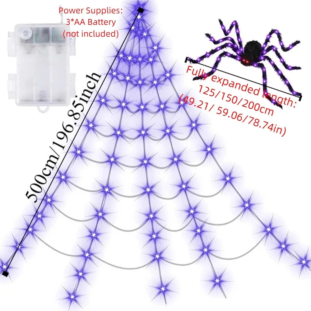 8 Modes Halloween Spider Web Lights Waterproof Glow LED Spider Net 5m Triangle Luminous Halloween Spider Indoor Outdoor