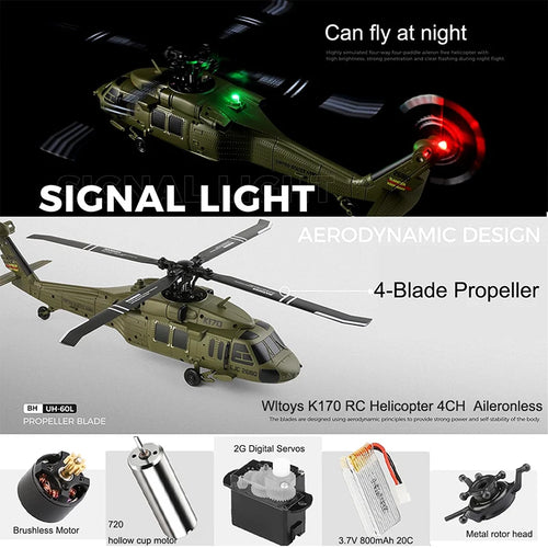 Load image into Gallery viewer, Wltoys K170 UH-60L RC Plane 2.4G 4CH 6-Axis Gyro Brushless Motor Military Green Helicopter RTF And XK K170 Birthday Gift for Kid
