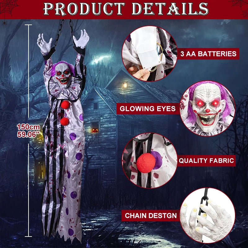 Halloween Electric Vocal Clown Pendant Home Glow Lifelike Hanging Ghost Decoration Spooky Kid Hanging From A Haunted House Chain