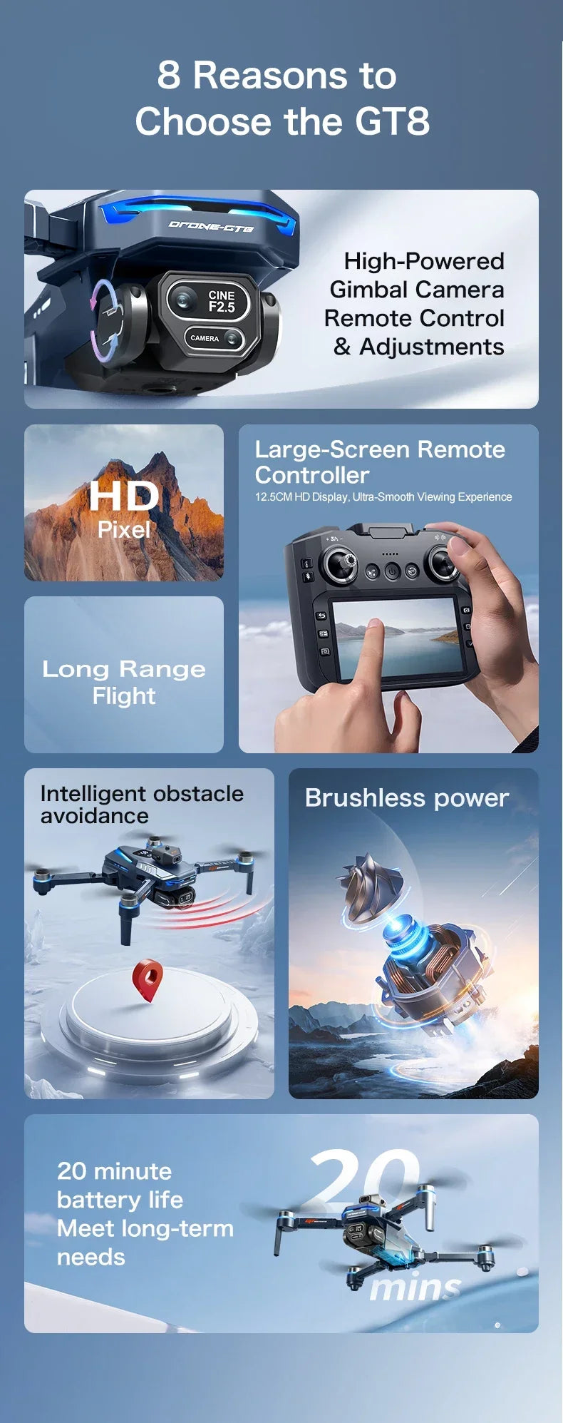 GT8 Drone 4K HD Camera Obstacle Avoidance Aerial Photography Brushless Drone with Screen Foldable RC Drone Quadcopter RTF