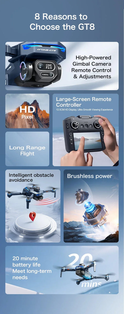 Load image into Gallery viewer, GT8 Drone 4K HD Camera Obstacle Avoidance Aerial Photography Brushless Drone with Screen Foldable RC Drone Quadcopter RTF
