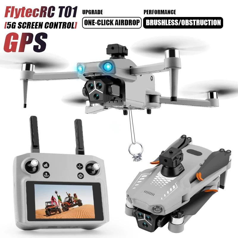 T01 Mini Drone with 4K HD Camera 4.5' Touch Screen GPS Obstacle Avoidance Brushless Motor - Folding Quadcopter for Photography
