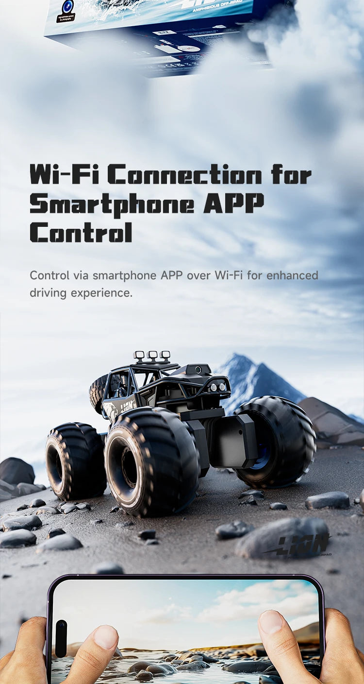 Amphibious Rock rocker Crawler RC Car with Camera, 4WD, 50min Runtime, IPX7 Waterproof, Gesture & APP Control, Off-Road Drift