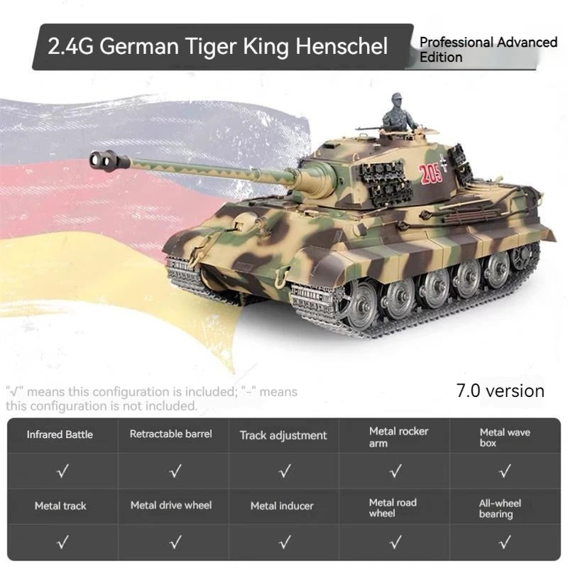 Henglong German Tiger King Remote-Controlled Tank 1/16 Metal Toy Car Professional Electric Tracked Off-Road Military Tank Model