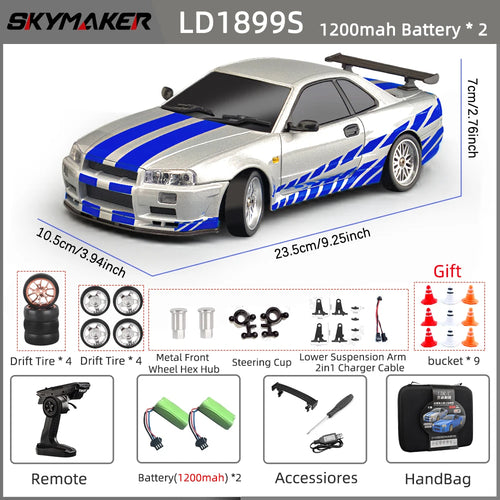 Load image into Gallery viewer, Skymaker LDRC 1/18 RC Drift Car LD1899 GTR Mode R34 2.4GHz RWD with Gyroscope on-Road Alloy Body Shell Racing Car for Boys Gifts

