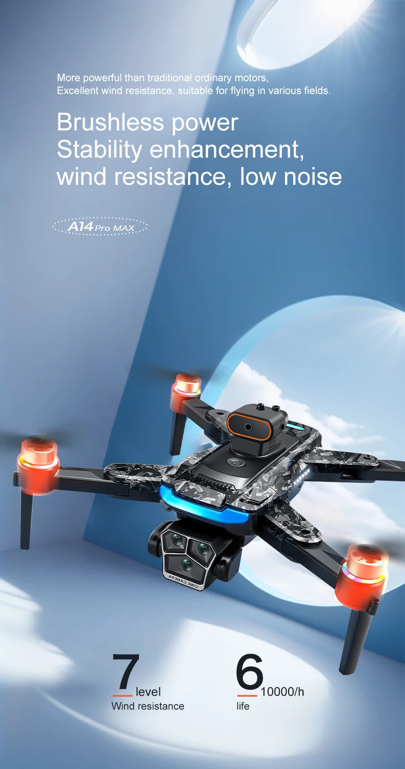 New upgraded A14 Pro Max GPS Brushless 8K three Camera Optical Flow Obstacle Avoidance Foldable Quadcopter RC Distance Drone Toy