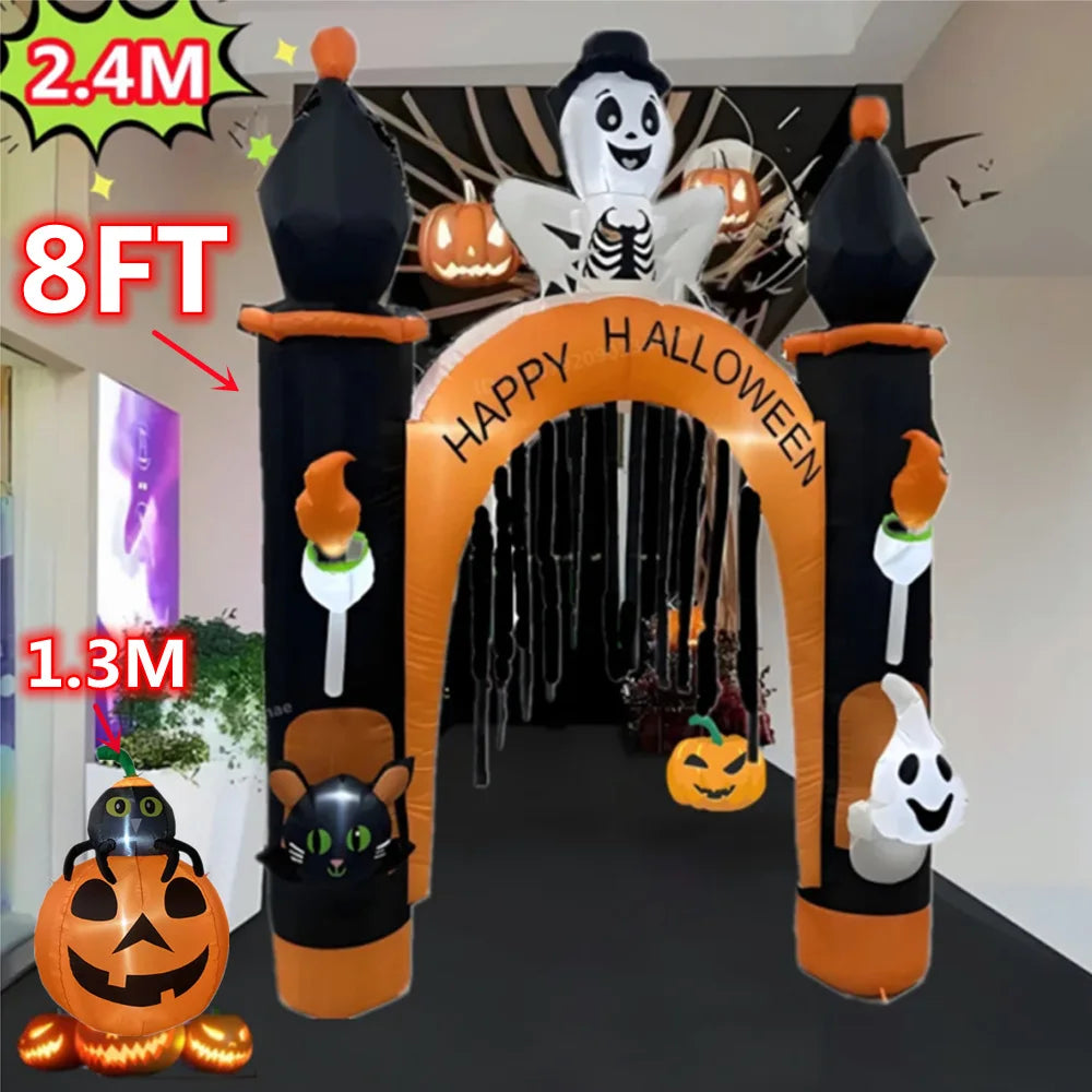 8FT Halloween Electric Inflatable Arch/Pumpkin Cat with LED Halloween Decoration Outdoor Indoor Courtyard Decoration Party Props