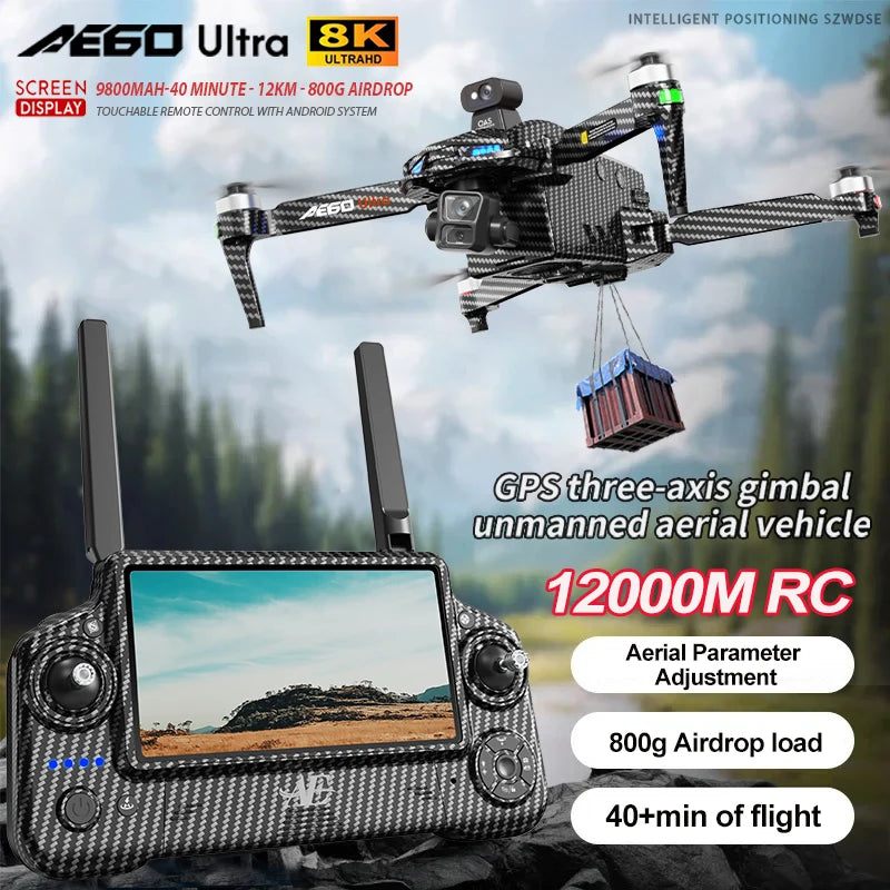 AE60 Ultra Professional Drone With 8K Camera GPS 3-Axis Gimbal Obstacle Avoidance Touch Screen FPV Brushless RC Drones Boy Toys