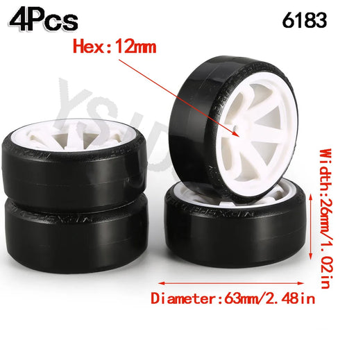 Load image into Gallery viewer, 4PCS YSIDO Hard Plastic 63mm/2.48inch Rim Tyre Tire Wheel 12mm HEX for 1/10 RC Drift Cars
