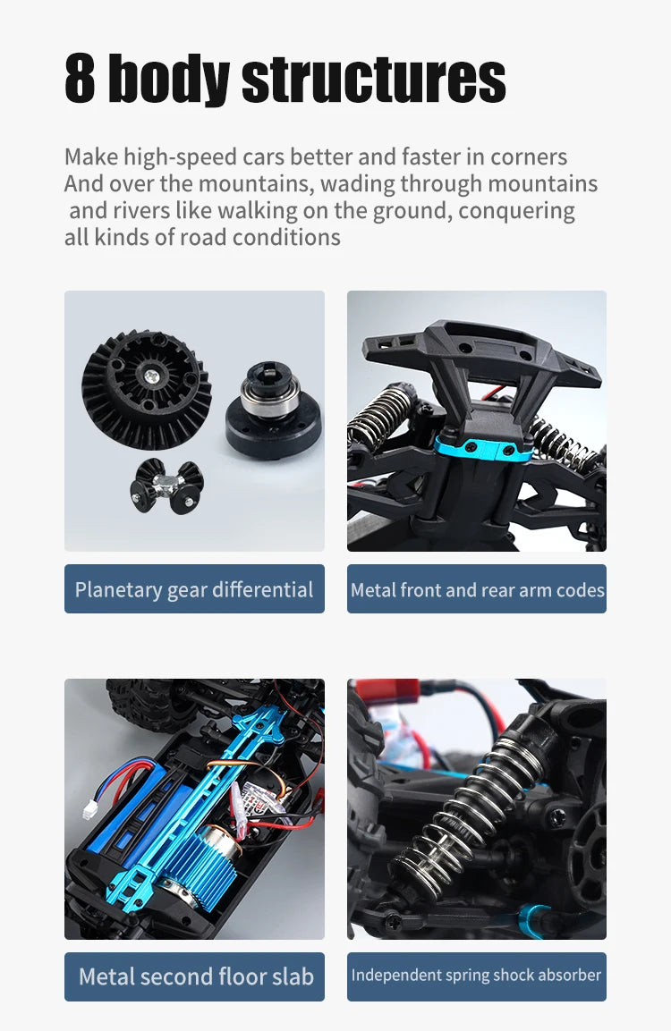 Rc Car Off Road 4x4 High Speed 75KM/H Remote Control Car With LED Headlight Brushless 4WD 1/16 Monster Truck Toys For Boys Gift