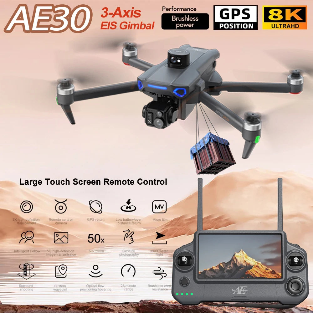 AE30 Ultra GPS Drone 4K Profesional HD Camera 3-Axis Gimbal Brushles Airdrop RC Quadcopter 5.5inch Screen Control Fishing Drones