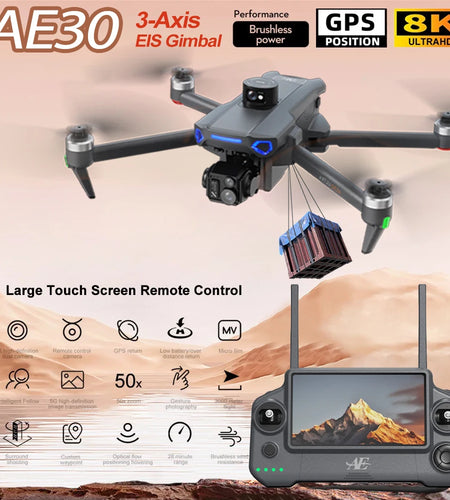AE30 Ultra GPS Drone 4K Profesional HD Camera 3-Axis Gimbal Brushles Airdrop RC Quadcopter 5.5inch Screen Control Fishing Drones