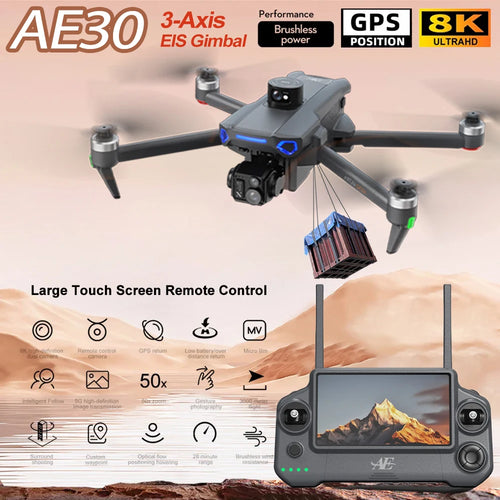 Load image into Gallery viewer, AE30 Ultra GPS Drone 4K Profesional HD Camera 3-Axis Gimbal Brushles Airdrop RC Quadcopter 5.5inch Screen Control Fishing Drones
