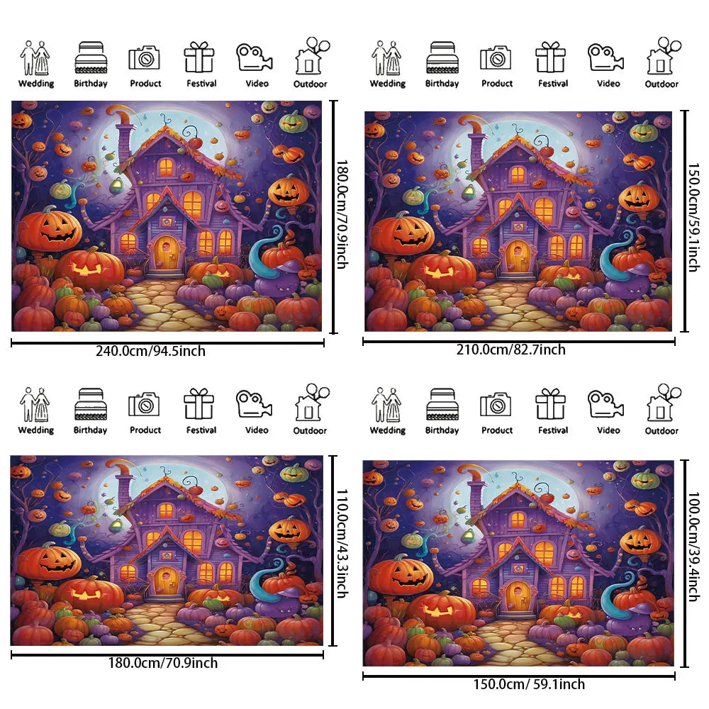 Fantasy House Pumpkin Lantern Purple Background, Halloween Party Horror Home Wall Banner Decoration Studio Photo Booth Prop