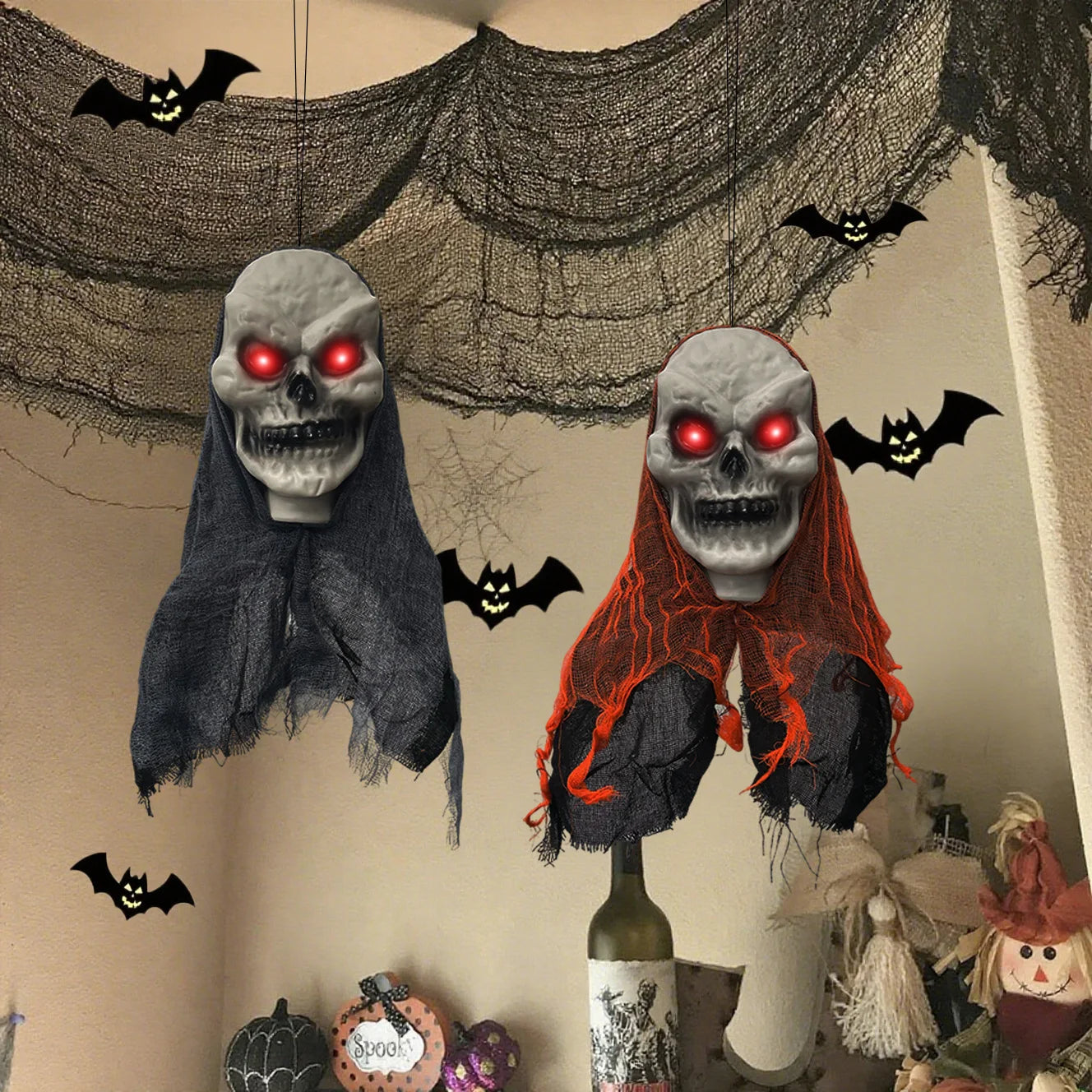 2PCS Halloween Skeleton Ghost Decoration Party Hanging Skull Skeleton Ornament Horror Props Haunted Home Decor Halloween Outdoor