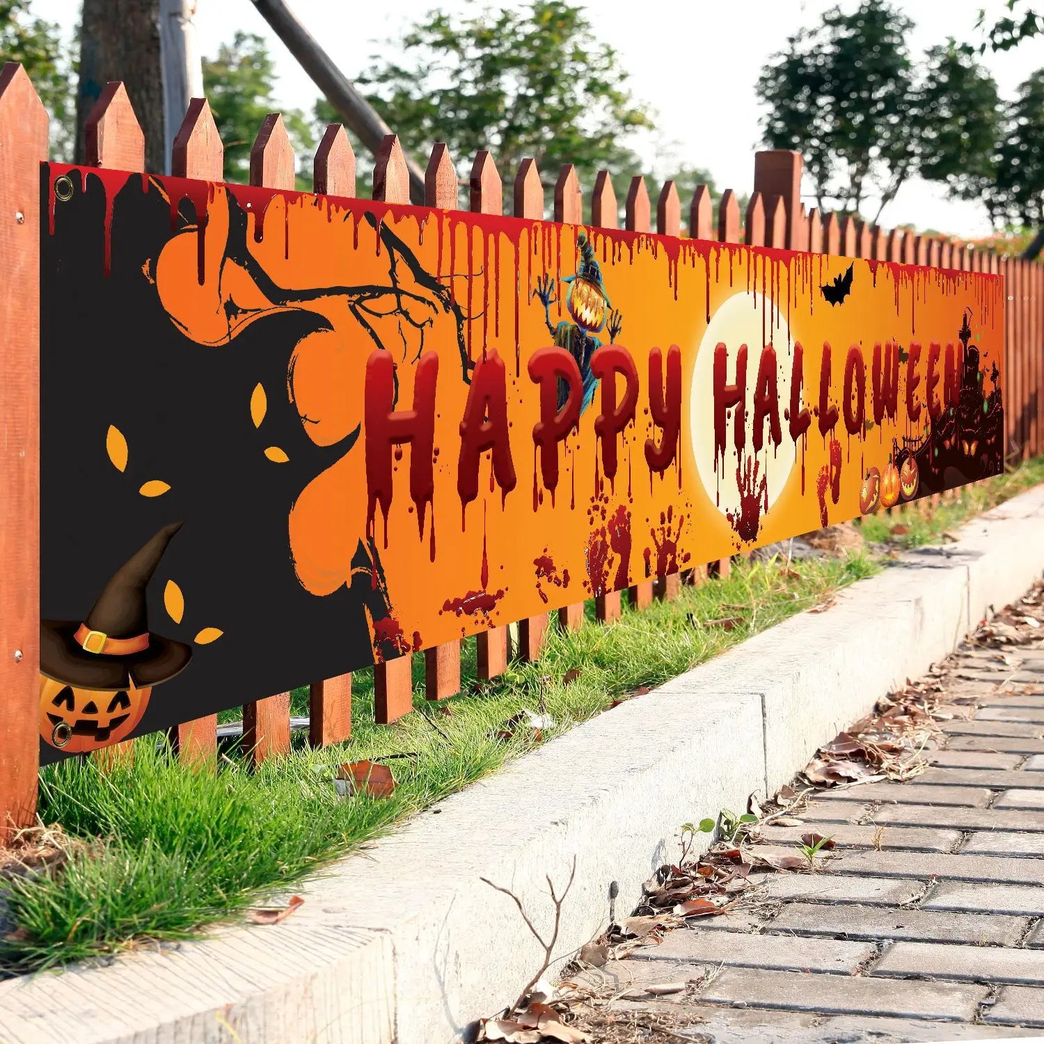 Happy Halloween Banner 250cm Long Hanging Halloween Banner with Pumpkin Terror Bloody Handprint Decor for Yard Indoor Outdoor