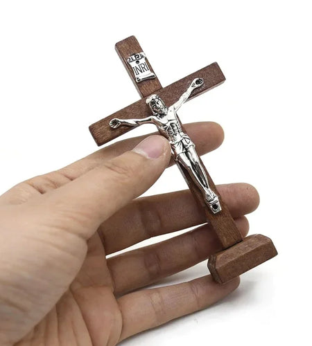 1Pc Wooden Catholic Jesus Cross with Stand Vintage Religious Christian Standing Crucifix Church Home Shelf Tabletop Ornaments