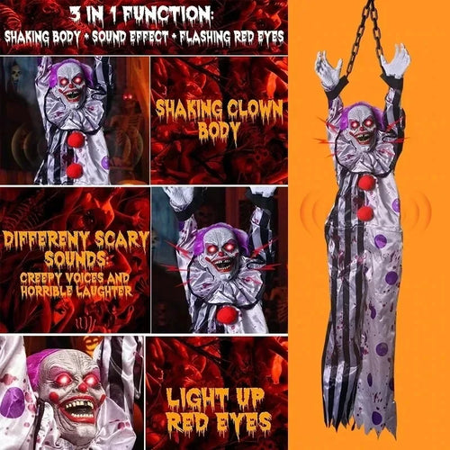 Load image into Gallery viewer, Halloween Electric Vocal Clown Pendant Home Glow Lifelike Hanging Ghost Decoration Spooky Kid Hanging From A Haunted House Chain
