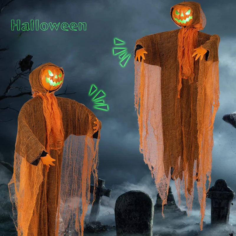 2PCS Halloween Pumpkin Party Decorations Hanging Head Green Light Turn Head Pumpkin Light-emitting Sound Hanging Props Yard