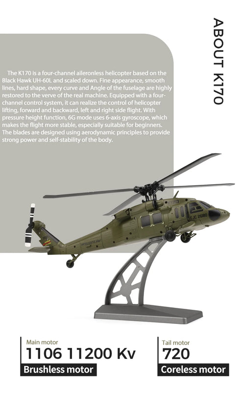 Load image into Gallery viewer, Wltoys K170 UH-60L RC Plane 2.4G 4CH 6-Axis Gyro Brushless Motor Military Green Helicopter RTF And XK K170 Birthday Gift for Kid

