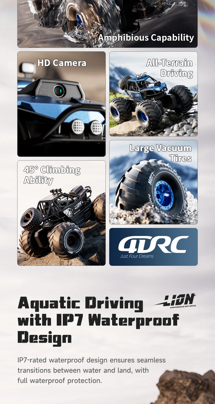 Amphibious Rock rocker Crawler RC Car with Camera, 4WD, 50min Runtime, IPX7 Waterproof, Gesture & APP Control, Off-Road Drift