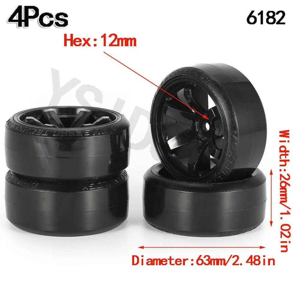 4PCS YSIDO Hard Plastic 63mm/2.48inch Rim Tyre Tire Wheel 12mm HEX for 1/10 RC Drift Cars